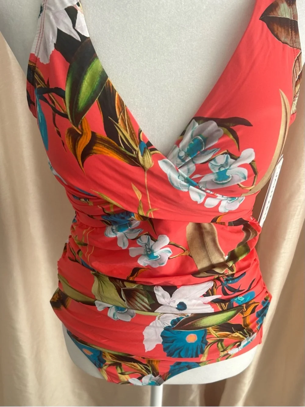 NWT Jantzen Adjustable Strap V-Neck Tankini w/ Comfort Brief Coral Botanical 6